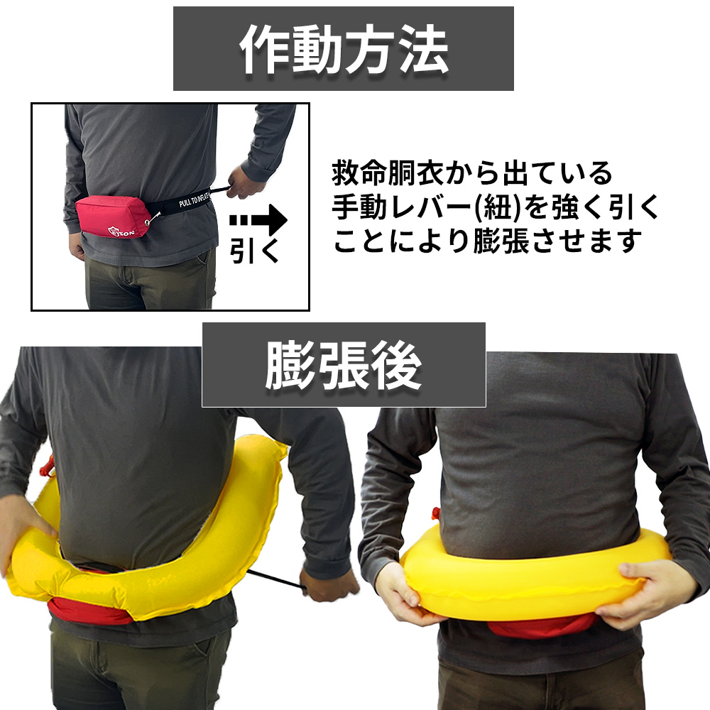 ライフジャケットウエストポーチタイプ（手動膨張式）腰巻きU型